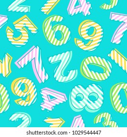 Seamless pattern of colorful numbers on mint green background. Baby, kid design with stripes. Vector illustration