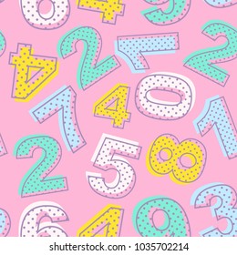 Seamless pattern of colorful numbers on pink background. Baby, kid design with dots. Vector illustration