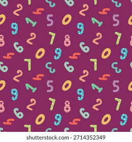 Seamless Pattern of Colorful Numbers on Purple. Design for fabric, textile, wallpaper, packaging, for children.	
