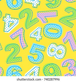 Seamless pattern of colorful numbers on yellow background. Baby, kid design with dots. Vector illustration.