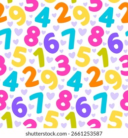 seamless pattern with colorful numbers and scattered heart shapes, for educational or festive designs. Vector illustration