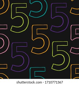 Seamless pattern with colorful numeral five. Outline elements on black board background. Math, study, school stuff design.