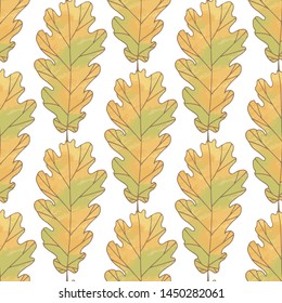 Seamless pattern with colorful oak leaves on white background. Vector.