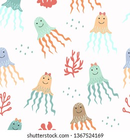 Seamless pattern with colorful octopus. Cartoon vector illustration in scandinavian style. Great for fabric, textile.