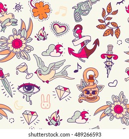 Seamless Pattern With Colorful Old School Tattoo Pattern, Crying Eye, Sparrow, Skull, Clover, Gun, Diamond In Cartoon Style