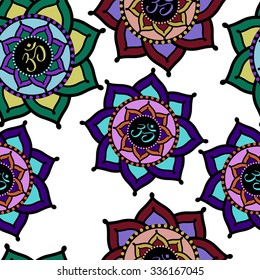 Seamless pattern of colorful Om signs in lotus