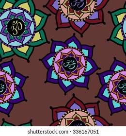 Seamless pattern of colorful Om signs in lotus