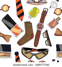 Seamless pattern colorful on white background. Male accessories. Sunglasses, socks, wrist wtces, tie bow. Sketch style.
