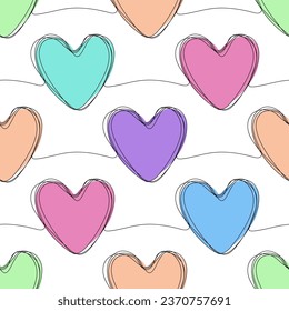 Patrón inmaculado con dibujo de una línea de color en el corazón. Dibujo continuo aislado en blanco. Antecedentes del día de San Valentín.