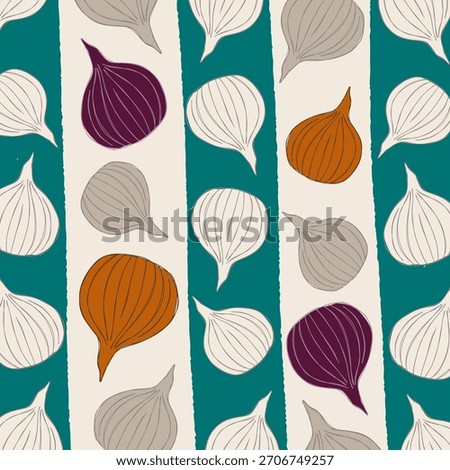 Seamless pattern with colorful onions on teal and white stripes