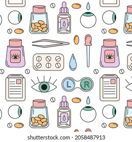 Seamless pattern of colorful ophthalmology icons including eye drops, eye, pills, tweezers, contact lenses case, bottle of pills, pipette, clipboard