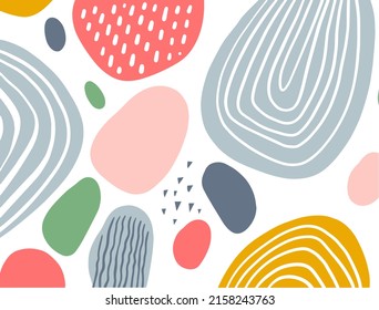 Seamless pattern with colorful organic pebble shapes, lines and playful abstract decorative elements.