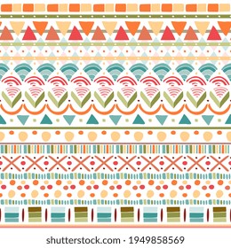 Patrón inmaculado con adorno colorido sobre fondo blanco. Imprimir para tela en estilo boho. Diseño de vectores.