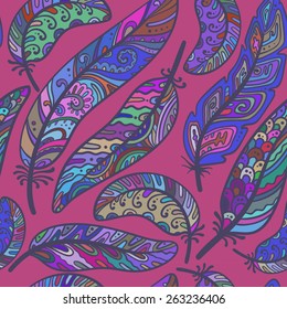 Seamless pattern of colorful ornamental bird feathers in a random arrangement and square format suitable for wallpaper textile or tiles vector illustration