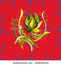Seamless pattern. Colorful ornamental border. Indian ornament. Vector illustration. Floral wallpaper. On red, yellow and blue colors.
