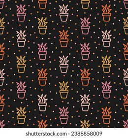 Seamless pattern with colorful outline cactus pot