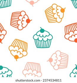Seamless pattern with colorful outline cupcake