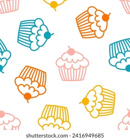 Seamless pattern with colorful outline cupcakes
