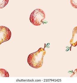Seamless pattern of colorful outline drawings ripe rears and apples