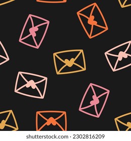 Seamless pattern with colorful outline envelope and heart with black background
