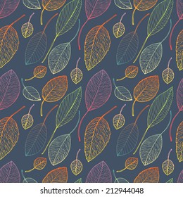 Seamless Pattern With Colorful Outline Leaves On Dark Blue Grey Background. Autumn Ornament Wallpaper. 