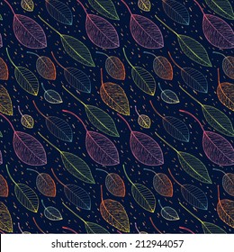 Seamless Pattern With Colorful Outline Leaves On Dark Blue Background. Autumn Ornament Wallpaper. Digital Or Wrapping Paper.