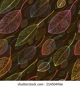 Seamless Pattern With Colorful Outline Leaves On Dark Brown Background. Autumn Ornament Wallpaper.