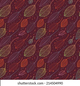 Seamless Pattern With Colorful Outline Leaves On Dark Background. Autumn Ornament Wallpaper. Digital Or Wrapping Paper.