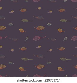 Seamless Pattern With Colorful Outline Leaves On Dark Brown Background. Autumn Ornament Wallpaper. Digital Or Wrapping Paper.