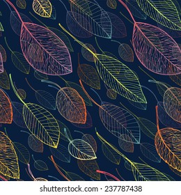 Seamless Pattern With Colorful Outline Leaves On Dark Blue Background. Autumn Fall Ornament Wallpaper. Digital Or Wrapping Paper.