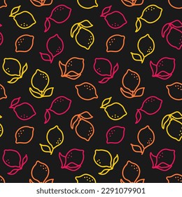 Seamless pattern with colorful outline lemons and black background