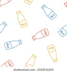 Seamless pattern with colorful outline milk bottle