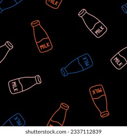 Seamless pattern with colorful outline milk bottle