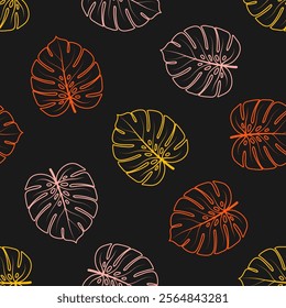 Seamless pattern with colorful outline monstera leaves