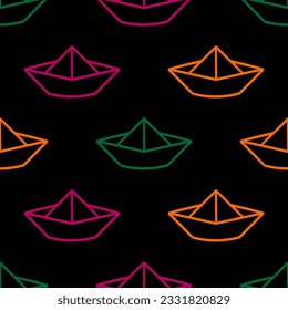 Seamless pattern with colorful outline origami boat and black background