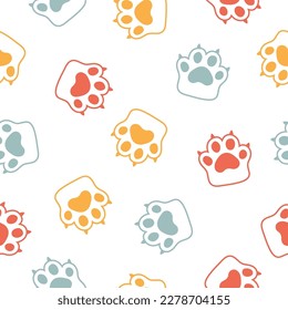 Seamless pattern with colorful outline paws