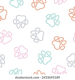 Seamless pattern with colorful outline paws