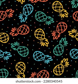 Seamless pattern with colorful outline pineapples and dots with black background