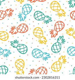Seamless pattern with colorful outline pineapples and dots