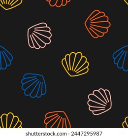 Seamless pattern with colorful outline seashells and black background