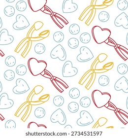 Seamless pattern with colorful outline snowball makers in heart and round shapes. Winter outdoor fun background for kids fabric print, seasonal wrapping paper, or toy shop decor projects