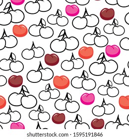 Seamless pattern with colorful and outlined cherries illustration