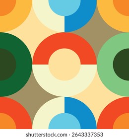 Seamless pattern of colorful overlapping circles in vibrant tones. Abstract geometric background with round shapes in various sizes and bright colors. Perfect for textile design, wallpapers, wrapping.