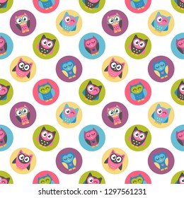 Seamless pattern with colorful owls