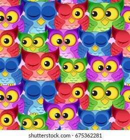 Seamless pattern with colorful owls