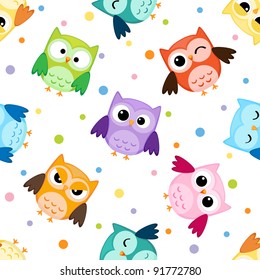 Seamless pattern with colorful owls