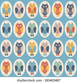 Seamless pattern with colorful owls. Collection of funny birds. Vector illustration.