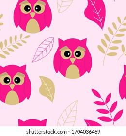 Seamless pattern with colorful owls and doodle leaves. Vector illustration for textile, art paper, background, print, wallpaper.