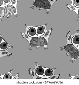 Seamless pattern with colorful owls. four birds on gray backgraund