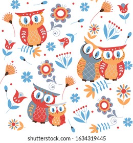 Seamless pattern with colorful owls on white background